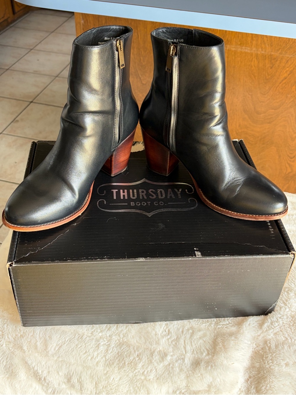 Thursday Boot Company Black Leather Ankle Booties with Brown Stacked Heels